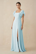 Chiffon A - Line Long Bridesmaid Dress with Flutter Sleeves in Sky Blue - SHE IS ME Bridesmaid Dresses
