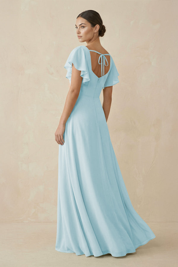Chiffon A - Line Long Bridesmaid Dress with Flutter Sleeves in Sky Blue - SHE IS ME Bridesmaid Dresses