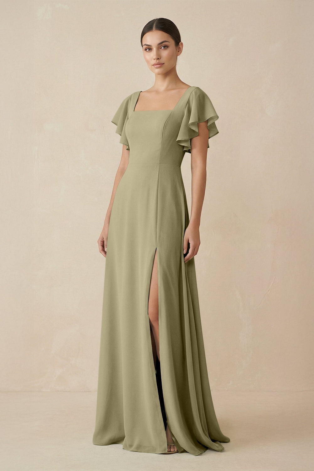 Chiffon A - Line Long Bridesmaid Dress with Flutter Sleeves in Thyme - SHE IS ME Bridesmaid Dresses
