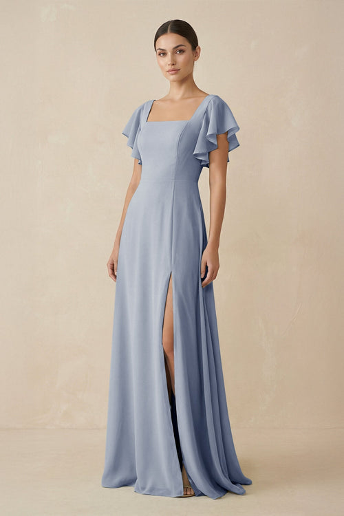 Chiffon A - Line Long Bridesmaid Dress with Flutter Sleeves in Twilight - SHE IS ME Bridesmaid Dresses