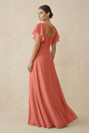 Chiffon A - Line Long Bridesmaid Dress with Flutter Sleeves in Wild Rose - SHE IS ME Bridesmaid Dresses