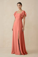 Chiffon A - Line Long Bridesmaid Dress with Flutter Sleeves in Wild Rose - SHE IS ME Bridesmaid Dresses