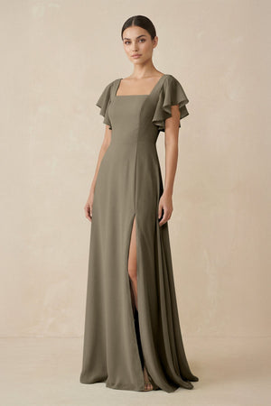 Chiffon A - Line Long Bridesmaid Dress with Flutter Sleeves in Willow Green - SHE IS ME Bridesmaid Dresses