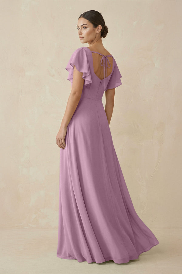 Chiffon A - Line Long Bridesmaid Dress with Flutter Sleeves in Wisteria - SHE IS ME Bridesmaid Dresses