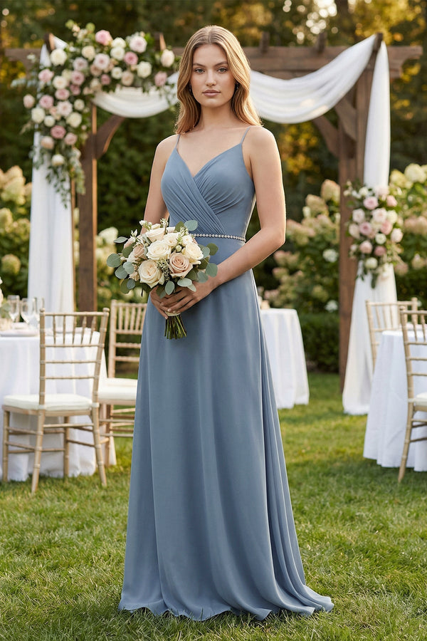Chiffon A - Line Ruched Cami Strap Bridesmaid Dress in Neptune - SHE IS ME Bridesmaid Dresses