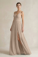 A-Line Spaghetti Strap Chiffon Bridesmaid Dress in Almond - SHE IS ME BRIDESMAID DRESSES