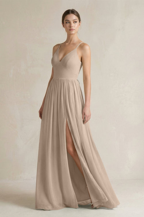 A-Line Spaghetti Strap Chiffon Bridesmaid Dress in Almond - SHE IS ME BRIDESMAID DRESSES