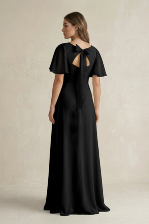 Flutter Sleeve V-Neck A-Line Chiffon Bridesmaid Dress in Black