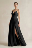 A-Line Spaghetti Strap Chiffon Bridesmaid Dress in Black - SHE IS ME BRIDESMAID DRESSES
