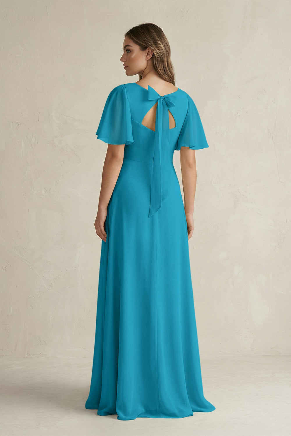 Flutter Sleeve V-Neck A-Line Chiffon Bridesmaid Dress in Blue Jay