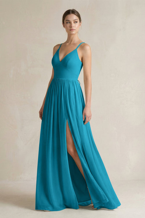 A-Line Spaghetti Strap Chiffon Bridesmaid Dress in Blue Jay - SHE IS ME BRIDESMAID DRESSES