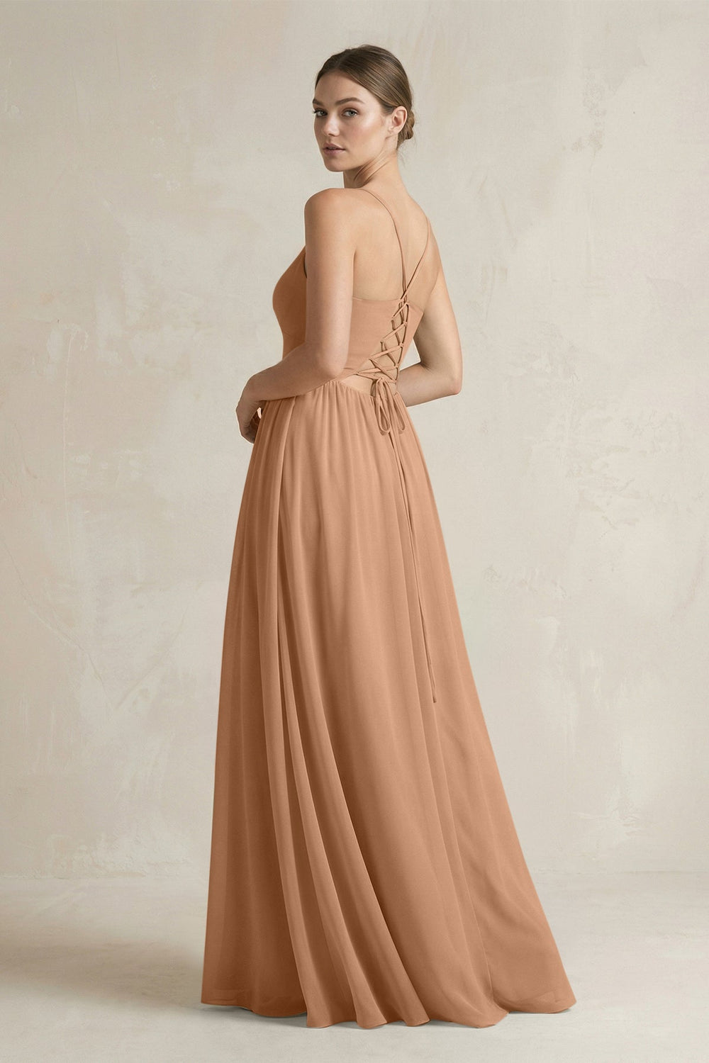 A-Line Spaghetti Strap Chiffon Bridesmaid Dress in Bronzer - SHE IS ME BRIDESMAID DRESSES