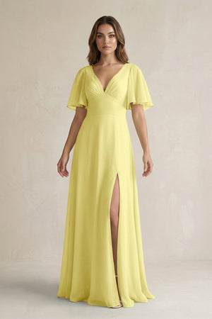 Flutter Sleeve V-Neck A-Line Chiffon Bridesmaid Dress in Buttercup