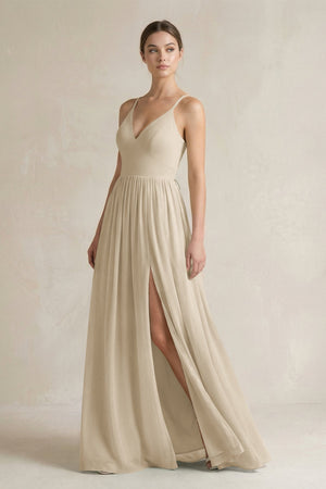 A-Line Spaghetti Strap Chiffon Bridesmaid Dress in Champagne - SHE IS ME BRIDESMAID DRESSES