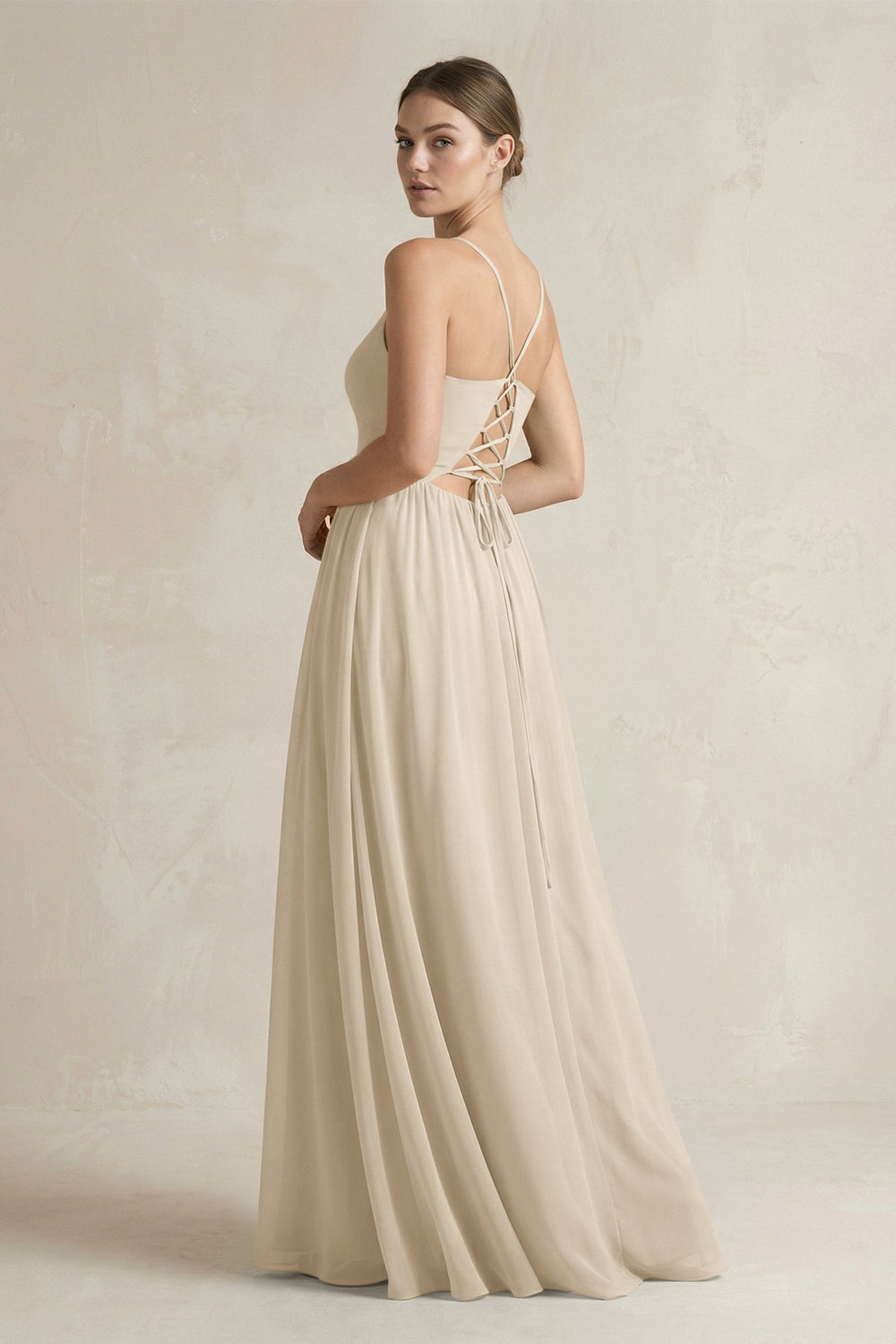 A-Line Spaghetti Strap Chiffon Bridesmaid Dress in Champagne - SHE IS ME BRIDESMAID DRESSES