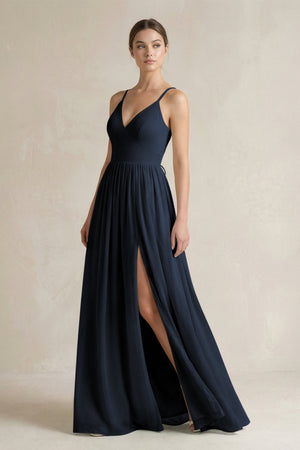 A-Line Spaghetti Strap Chiffon Bridesmaid Dress in Dark Navy - SHE IS ME BRIDESMAID DRESSES