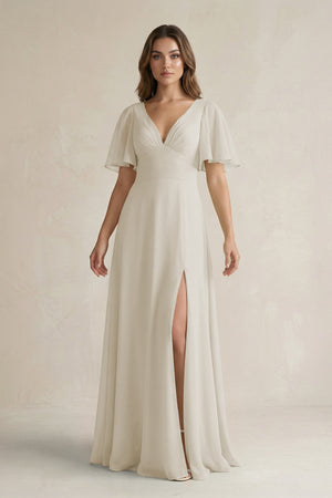Flutter Sleeve V-Neck A-Line Chiffon Bridesmaid Dress in Dove Gray