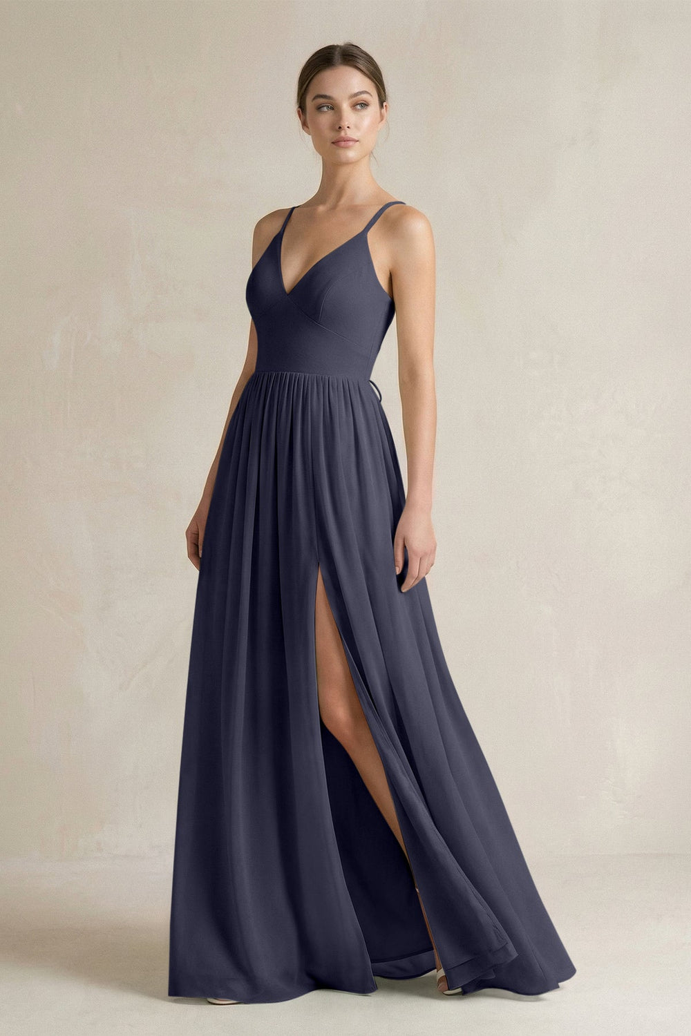 A-Line Spaghetti Strap Chiffon Bridesmaid Dress in Dusk Blue - SHE IS ME BRIDESMAID DRESSES