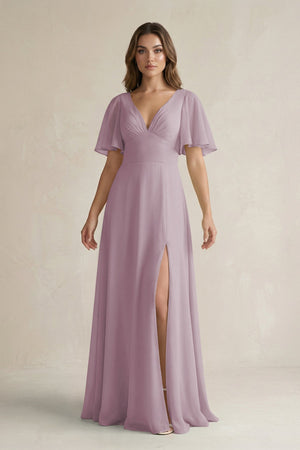 Flutter Sleeve V-Neck A-Line Chiffon Bridesmaid Dress in Dusk