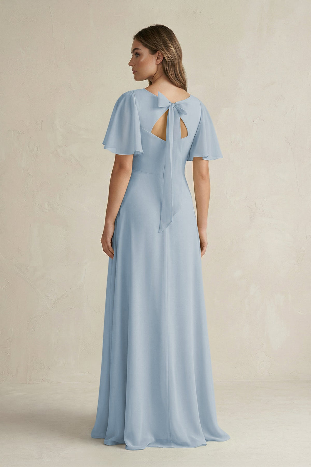 Flutter Sleeve V-Neck A-Line Chiffon Bridesmaid Dress in Dusty Blue