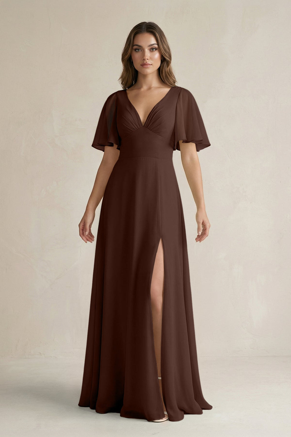 Flutter Sleeve V-Neck A-Line Chiffon Bridesmaid Dress in Espresso