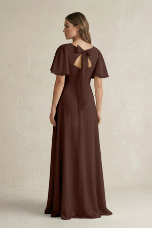 Flutter Sleeve V-Neck A-Line Chiffon Bridesmaid Dress in Espresso