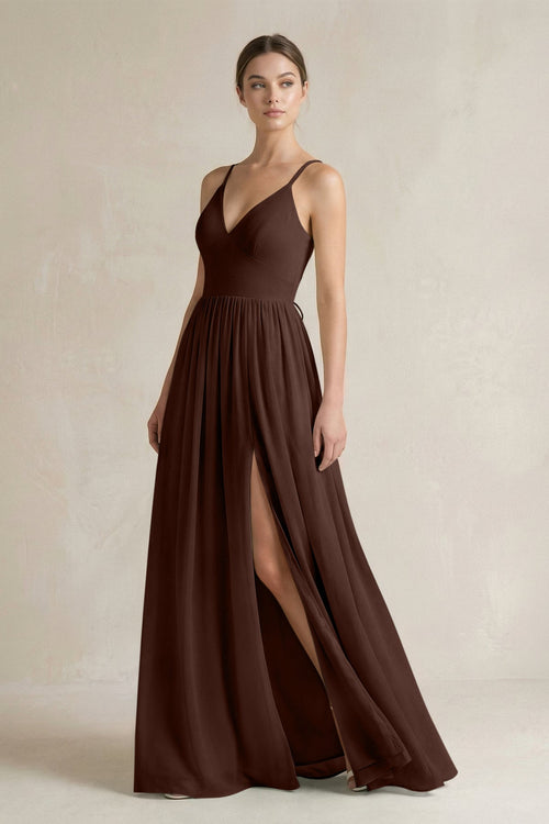 A-Line Spaghetti Strap Chiffon Bridesmaid Dress in Espresso - SHE IS ME BRIDESMAID DRESSES