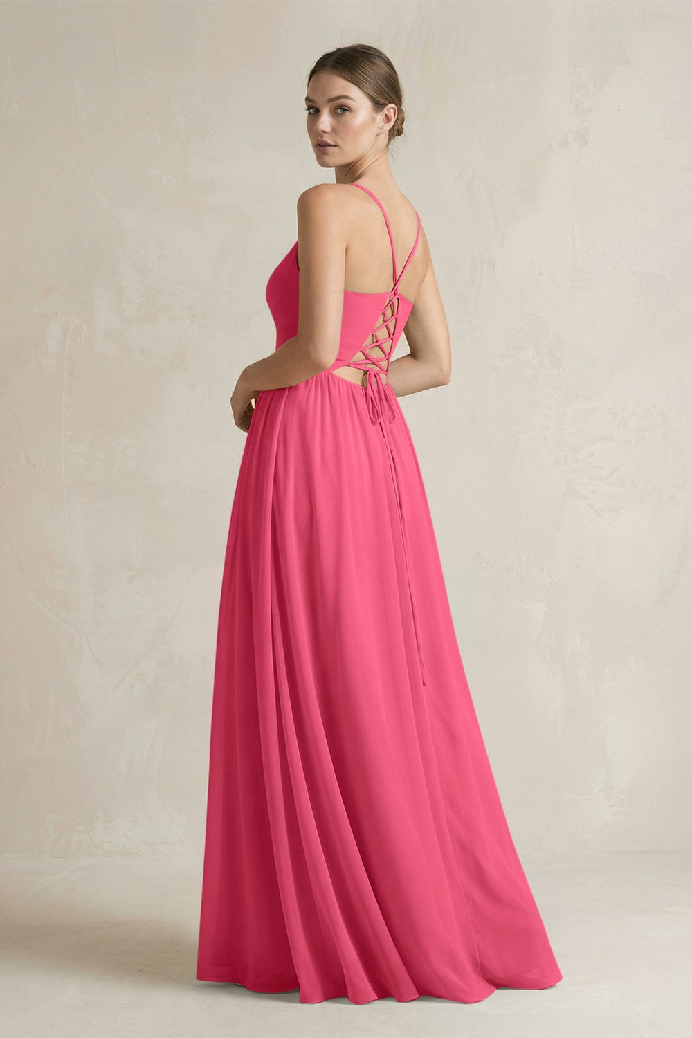 A-Line Spaghetti Strap Chiffon Bridesmaid Dress in Fuchsia - SHE IS ME BRIDESMAID DRESSES