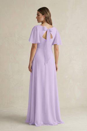 Flutter Sleeve V-Neck A-Line Chiffon Bridesmaid Dress in Lavender