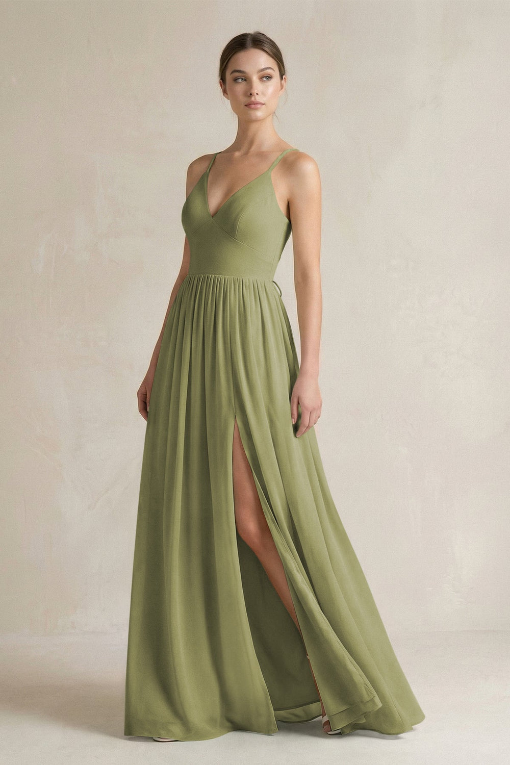 A-Line Spaghetti Strap Chiffon Bridesmaid Dress in Moss Green - SHE IS ME BRIDESMAID DRESSES