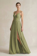 A-Line Spaghetti Strap Chiffon Bridesmaid Dress in Moss Green - SHE IS ME BRIDESMAID DRESSES