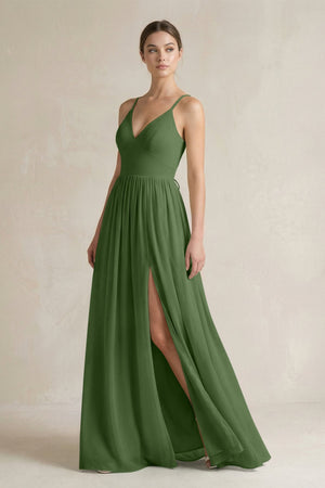 A-Line Spaghetti Strap Chiffon Bridesmaid Dress in Moss - SHE IS ME BRIDESMAID DRESSES