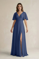 Flutter Sleeve V-Neck A-Line Chiffon Bridesmaid Dress in Navy
