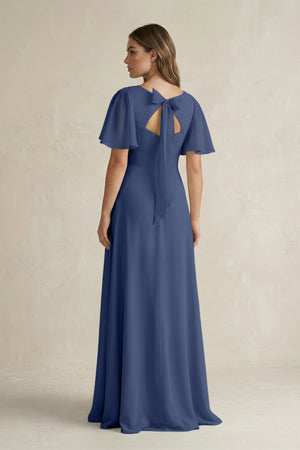 Flutter Sleeve V-Neck A-Line Chiffon Bridesmaid Dress in Navy