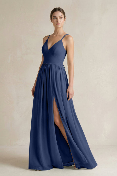 A-Line Spaghetti Strap Chiffon Bridesmaid Dress in Navy - SHE IS ME BRIDESMAID DRESSES