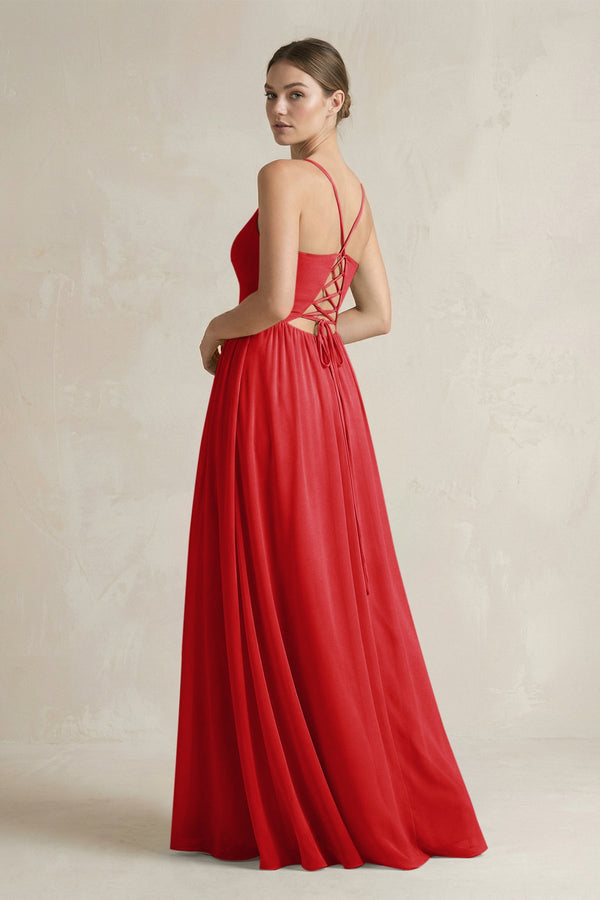 A-Line Spaghetti Strap Chiffon Bridesmaid Dress in Ruby Red - SHE IS ME BRIDESMAID DRESSES