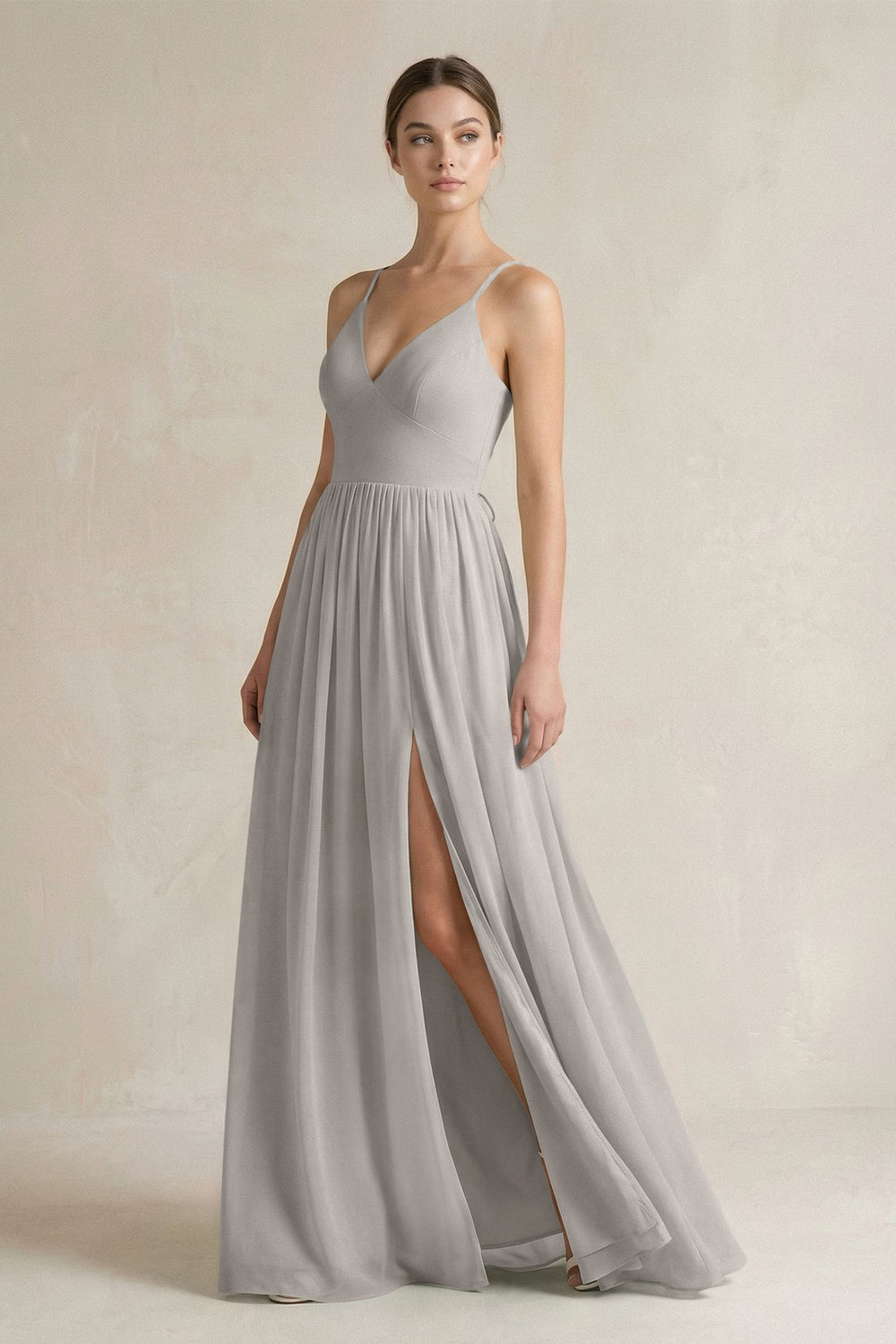 A-Line Spaghetti Strap Chiffon Bridesmaid Dress in Silver - SHE IS ME BRIDESMAID DRESSES