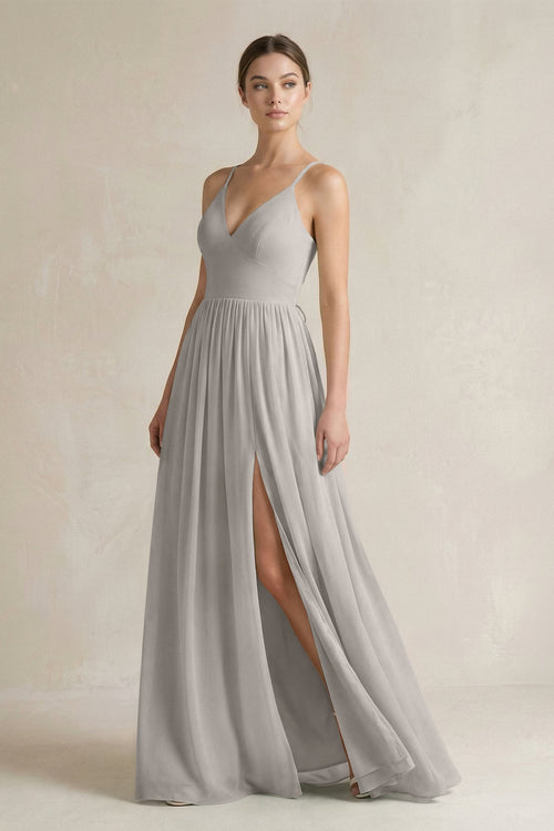 A-Line Spaghetti Strap Chiffon Bridesmaid Dress in Silver - SHE IS ME BRIDESMAID DRESSES