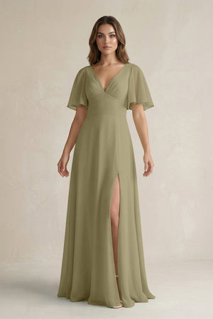 Flutter Sleeve V-Neck A-Line Chiffon Bridesmaid Dress in Thyme