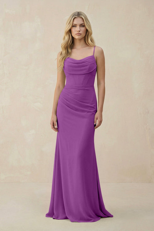 Cowl Neck Sheath Chiffon Bridesmaid Dress with Corset in Amethyst - SHE IS ME Bridesmaid Dresses