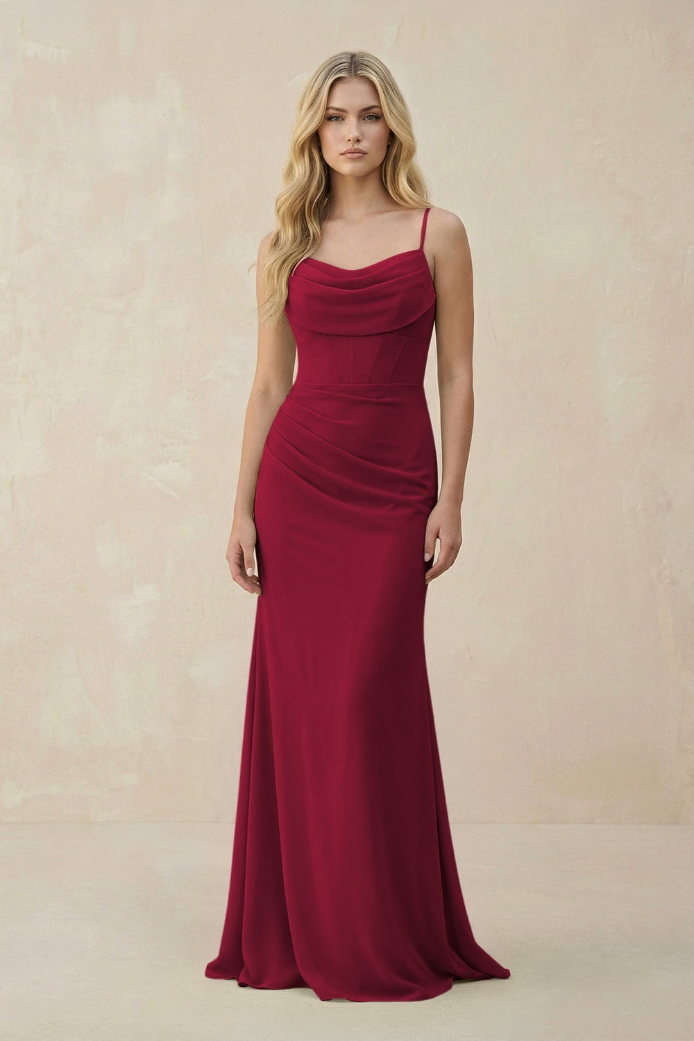 Cowl Neck Sheath Chiffon Bridesmaid Dress with Corset in Berry - SHE IS ME Bridesmaid Dresses