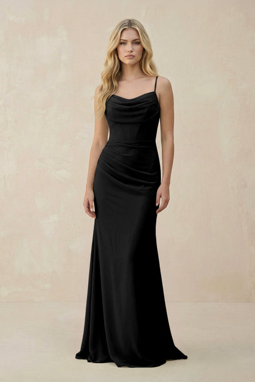 Cowl Neck Sheath Chiffon Bridesmaid Dress with Corset in Black - SHE IS ME Bridesmaid Dresses