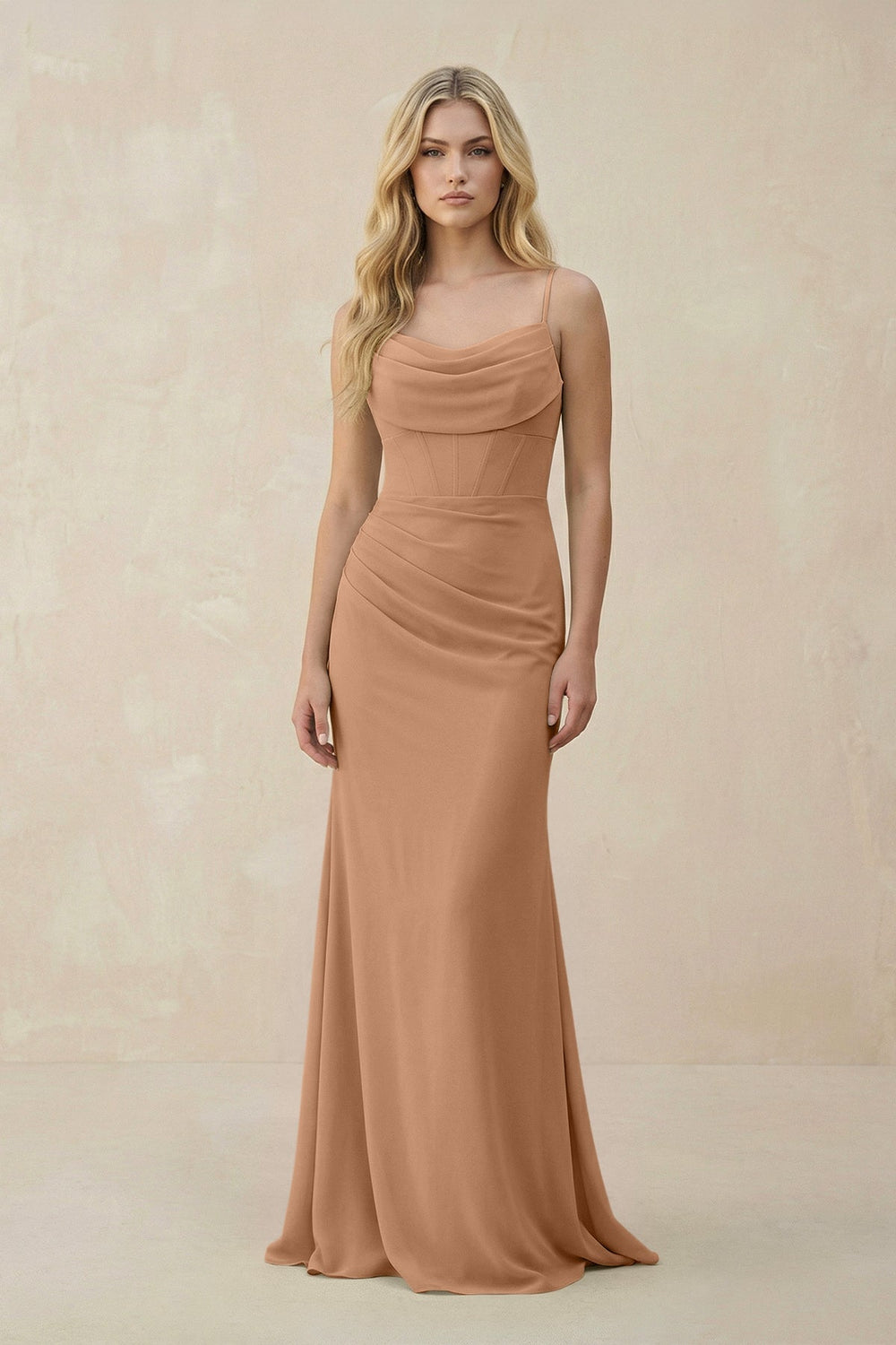 Cowl Neck Sheath Chiffon Bridesmaid Dress with Corset in Bronzer - SHE IS ME Bridesmaid Dresses