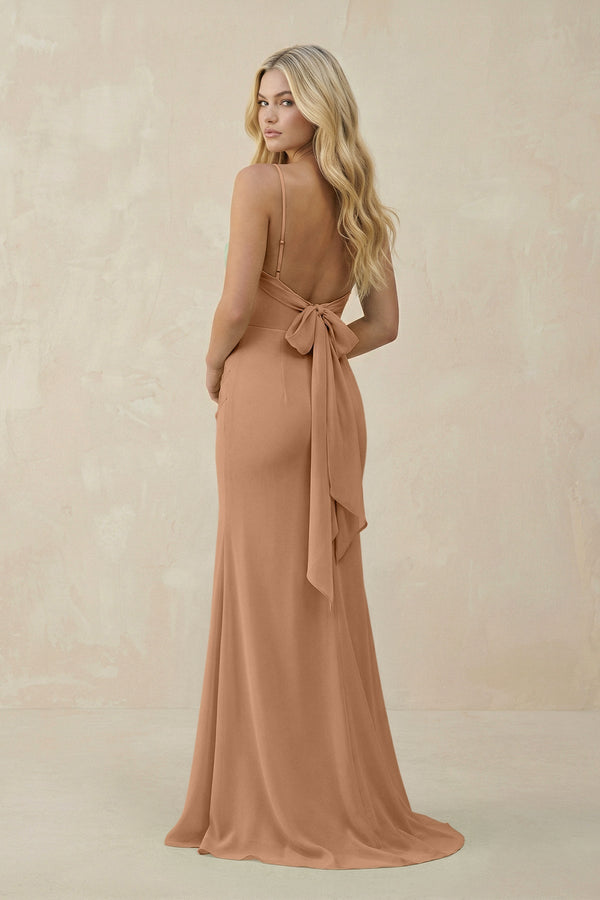 Cowl Neck Sheath Chiffon Bridesmaid Dress with Corset in Bronzer - SHE IS ME Bridesmaid Dresses
