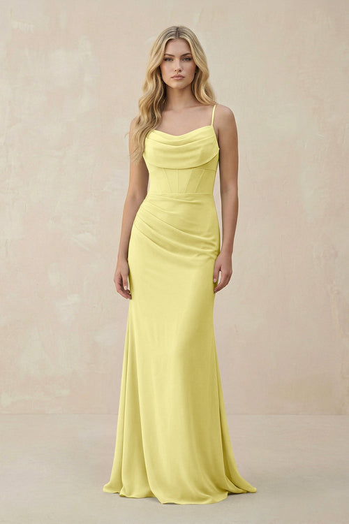 Cowl Neck Sheath Chiffon Bridesmaid Dress with Corset in Buttercup - SHE IS ME Bridesmaid Dresses