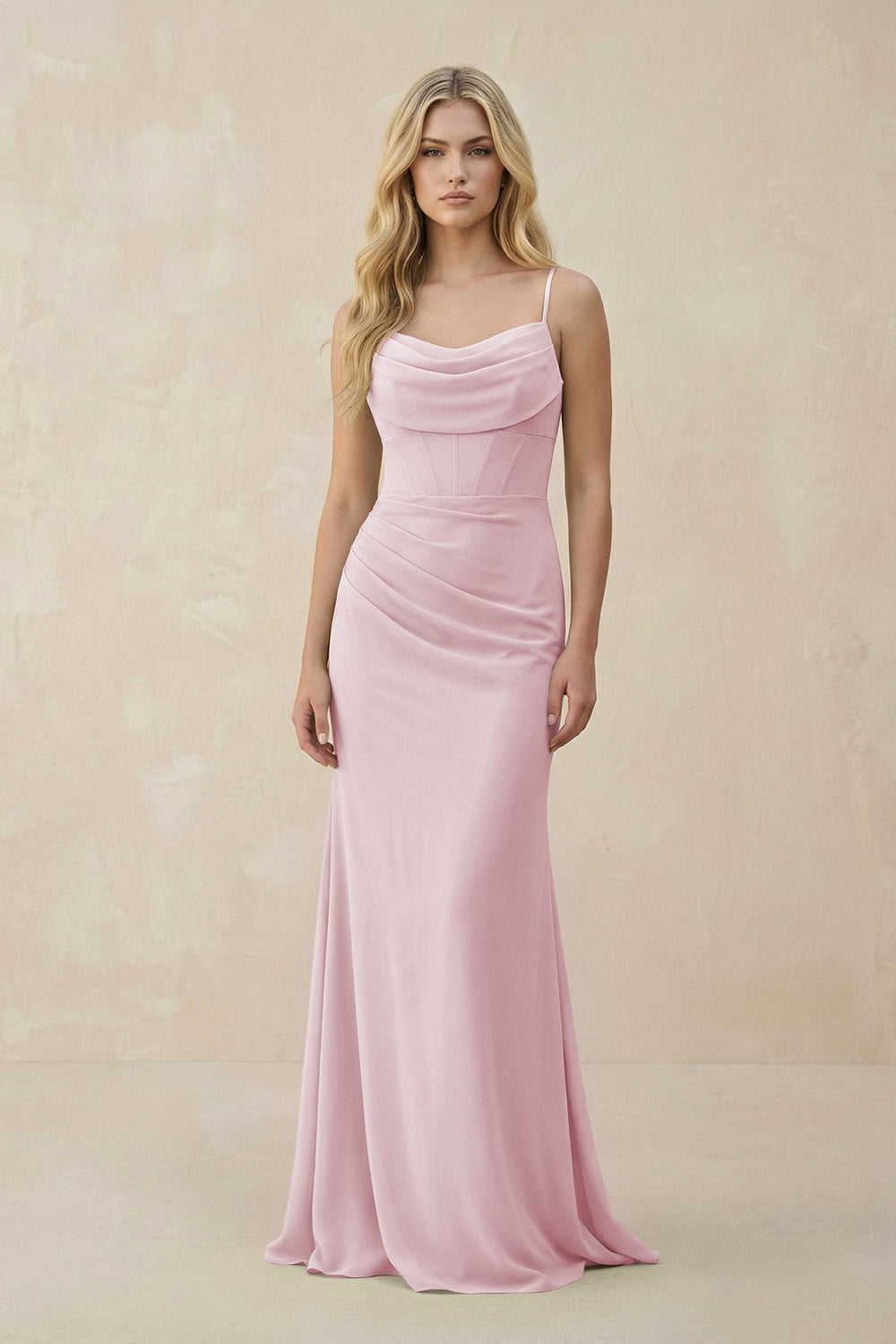 Cowl Neck Sheath Chiffon Bridesmaid Dress with Corset in Candy Pink - SHE IS ME Bridesmaid Dresses