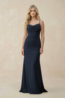 Cowl Neck Sheath Chiffon Bridesmaid Dress with Corset in Dark Navy - SHE IS ME Bridesmaid Dresses