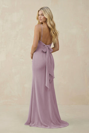 Cowl Neck Sheath Chiffon Bridesmaid Dress with Corset in Dusk - SHE IS ME Bridesmaid Dresses