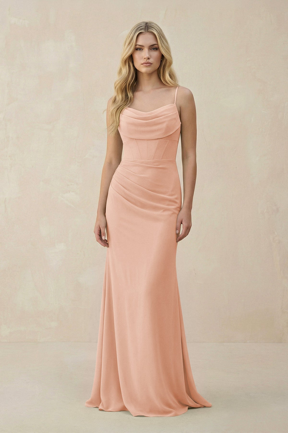 Cowl Neck Sheath Chiffon Bridesmaid Dress with Corset in English Rose - SHE IS ME Bridesmaid Dresses