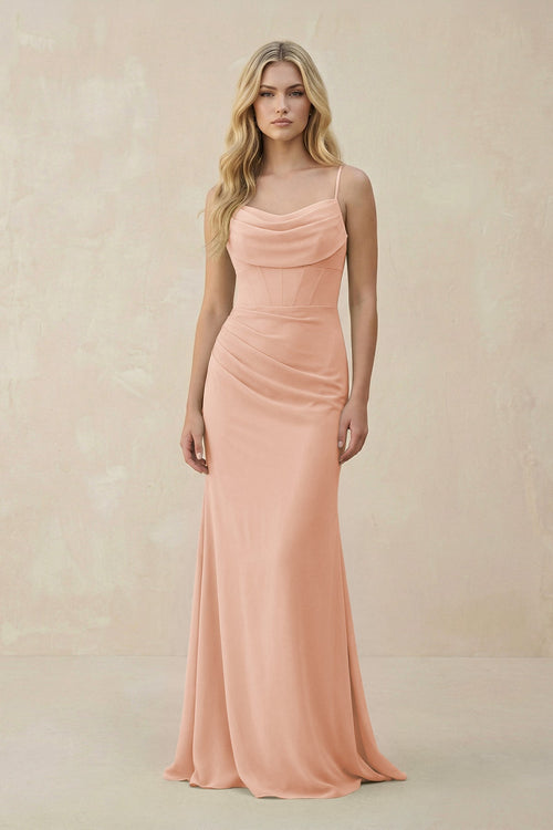 Cowl Neck Sheath Chiffon Bridesmaid Dress with Corset in English Rose - SHE IS ME Bridesmaid Dresses